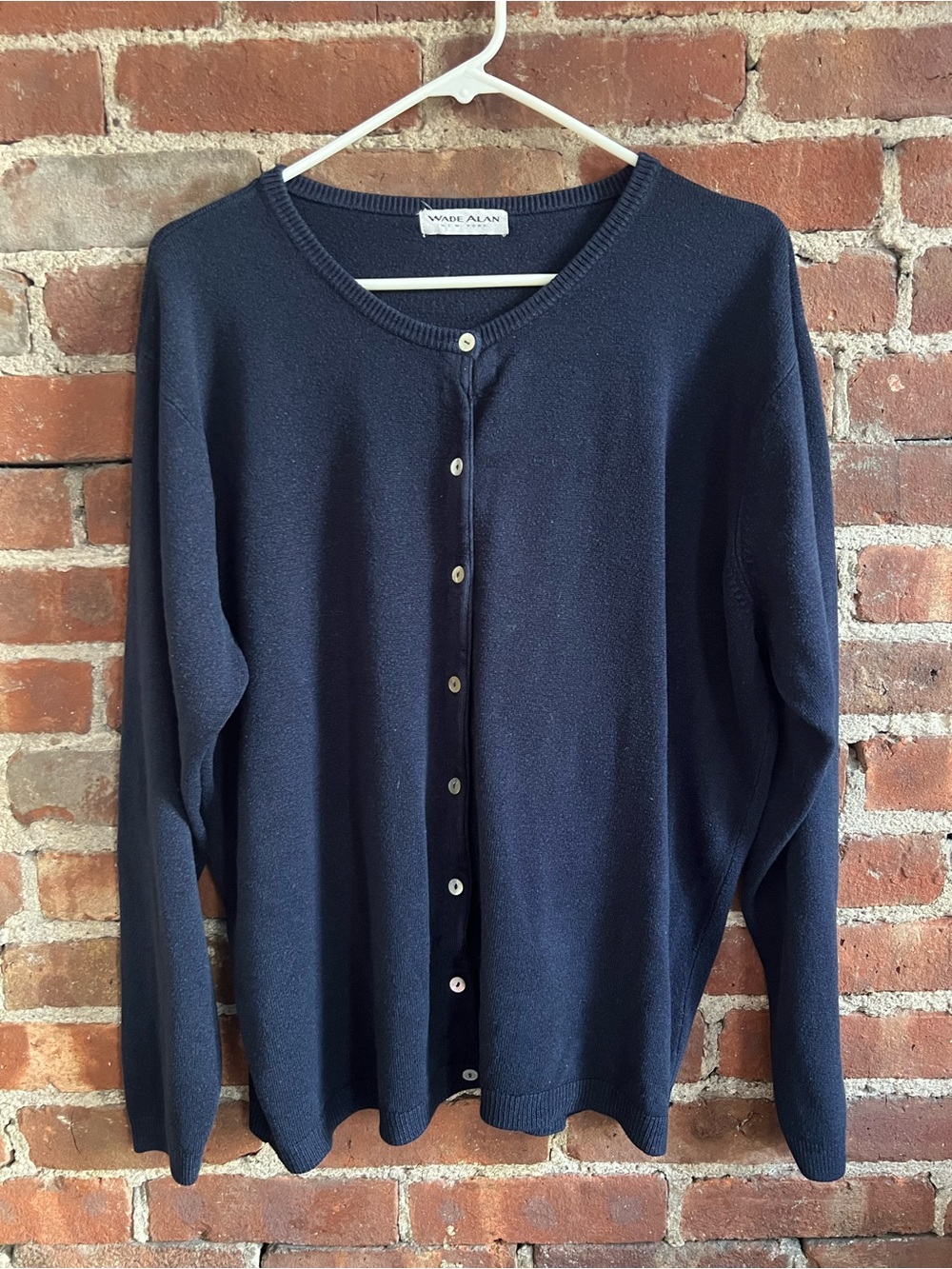 Vintage Navy Pearlescent Button-Front Women's Cardigan Sweater Ribbed Trim Sz L